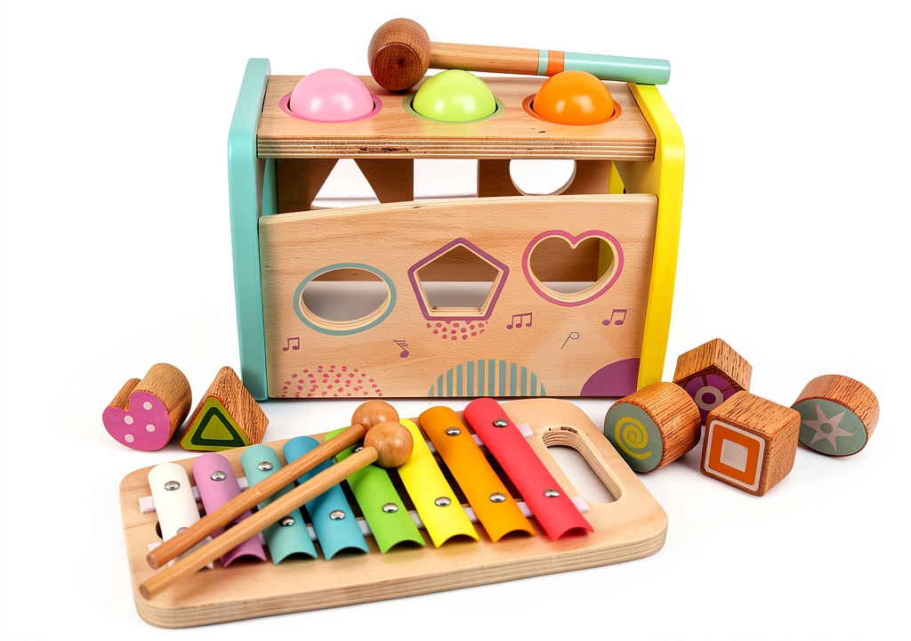 Child playing with wooden hammering toy in a bright playroom