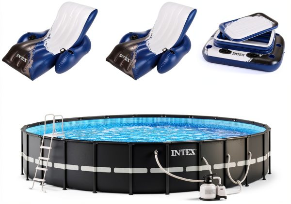 Intex 26339EH Ultra XTR 24ft x 52in Above Ground Swimming Pool Set with Sand Filter Pump, Inflatable Lounge Pool Recliners (2-Pack) and Inflatable Beverage Cooler-0